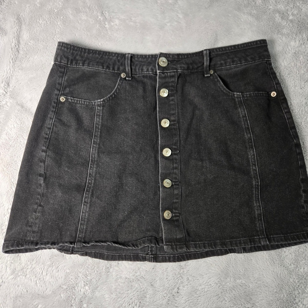 American Eagle Black Denim Button Front Mini Skirt‎ Size 12 Regular High Waisted